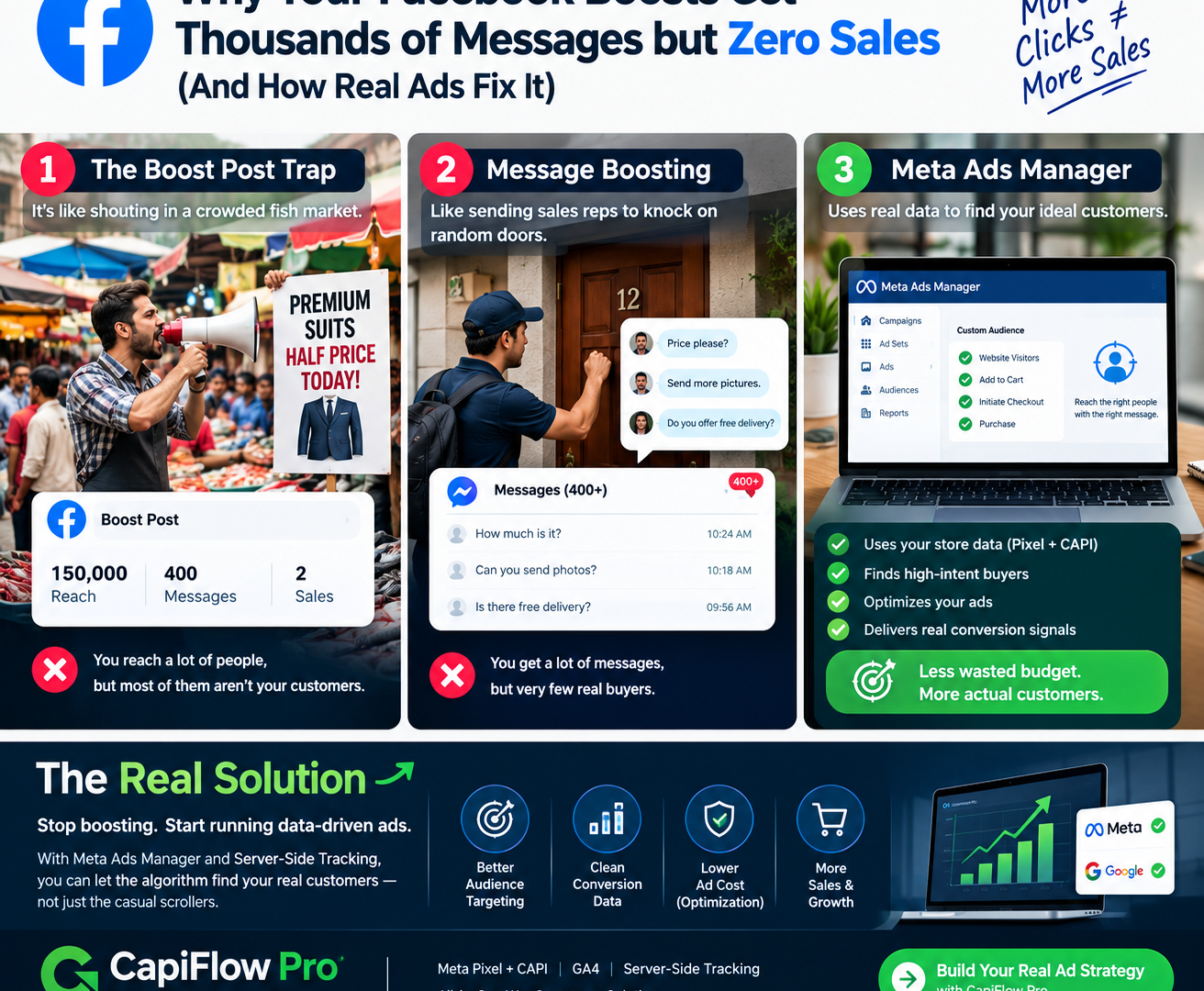 Why Your Facebook Boosts Get Thousands of Messages but Zero Sales (And How Real Ads Fix It)