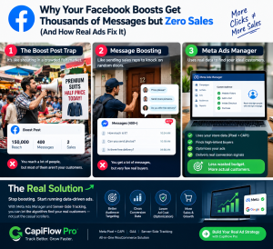 Why Your Facebook Boosts Get Thousands of Messages but Zero Sales (And How Real Ads Fix It)