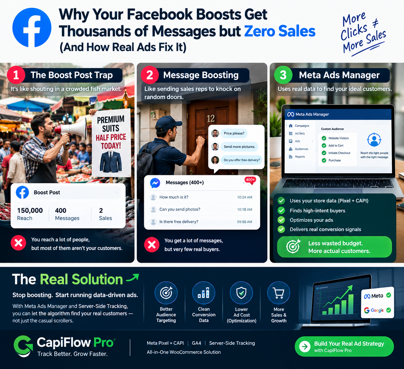 Why Your Facebook Boosts Get Thousands of Messages but Zero Sales (And How Real Ads Fix It)